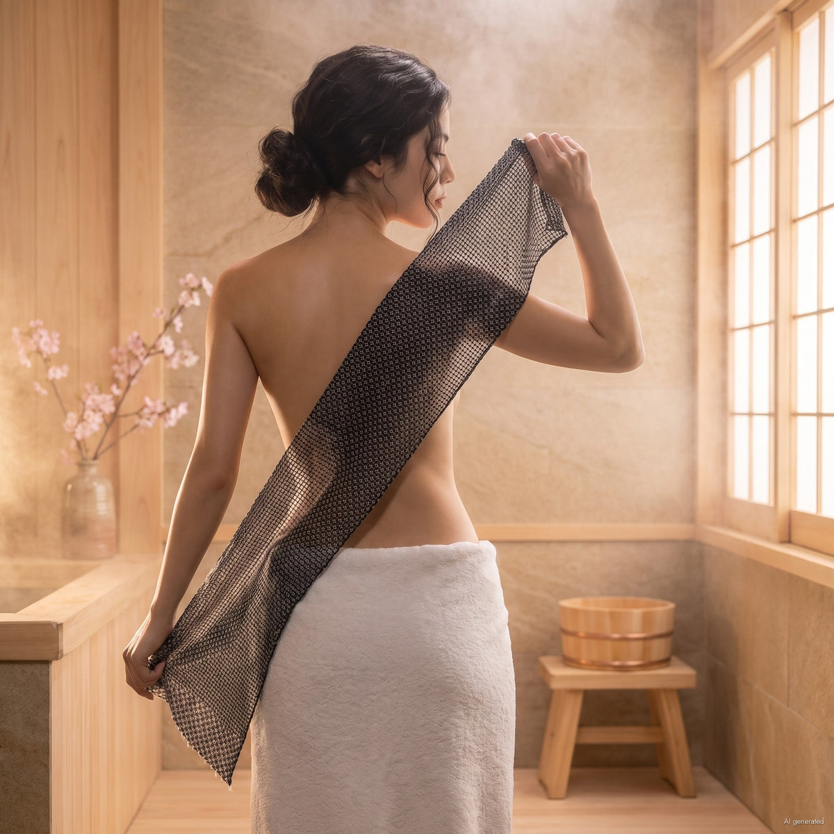 YumiSilk – japanisch inspiriertes Peelingtuch von YumiSkin, schwarz, im japanischen Bad