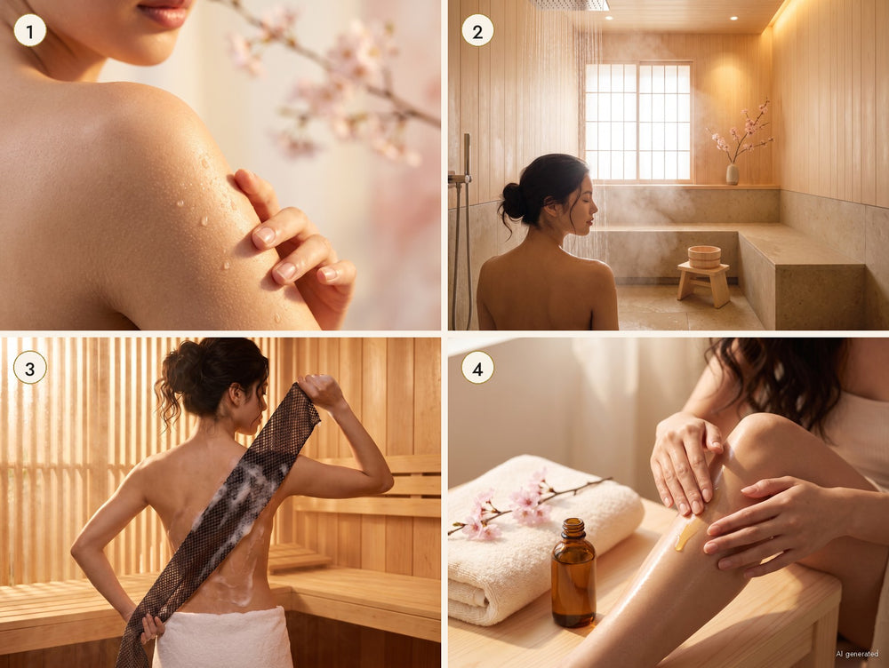 4 Gründe für YumiSilk: glatte Haut, Spa-Ritual, Rücken erreichen, Pflege vorbereiten (AI generated)