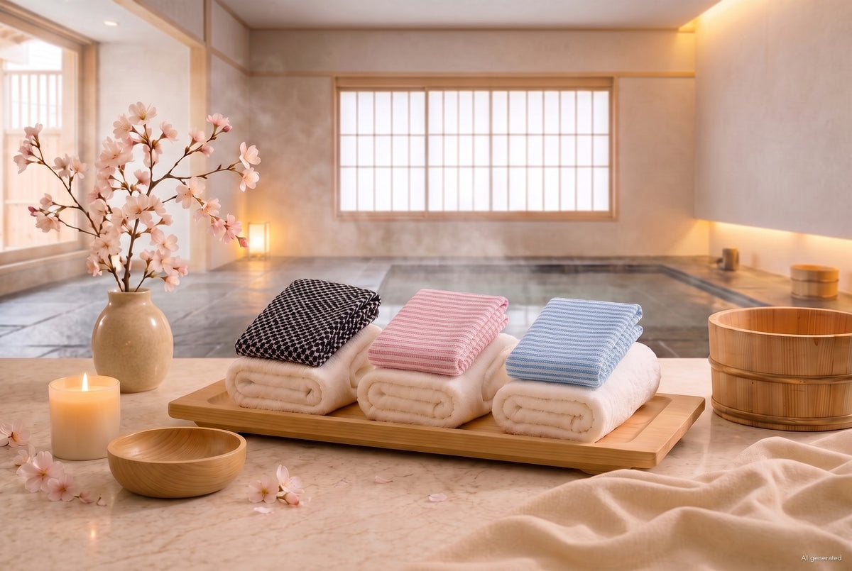Drei YumiSilk-Tücher auf einem Holztablett im japanischen Bad