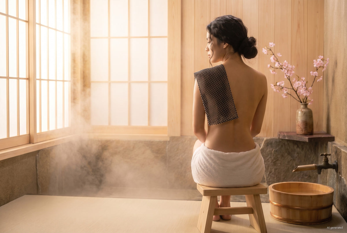 Frau sitzt auf Holzhocker im japanischen Bad, YumiSilk-Tuch auf der Schulter